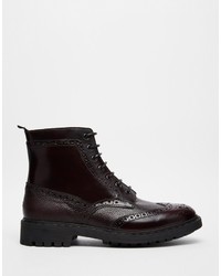 Asos Brand Brogue Boots In Burgundy Leather With Cleated Sole