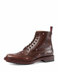 Gucci Flower Embroidered Lace Up Boot Brown