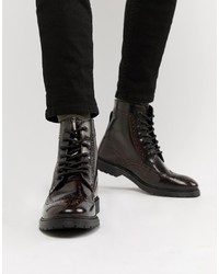 ASOS DESIGN Lace Up Brogue Boots In Burgundy Leather With Ribbed Sole