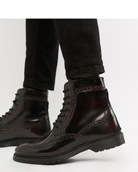 ASOS DESIGN Wide Fit Lace Up Brogue Boots In Burgundy Leather With Ribbed Sole