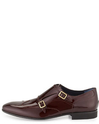 Salvatore Ferragamo Patent Leather Double Monk Wing Tip Shoe Burgundy