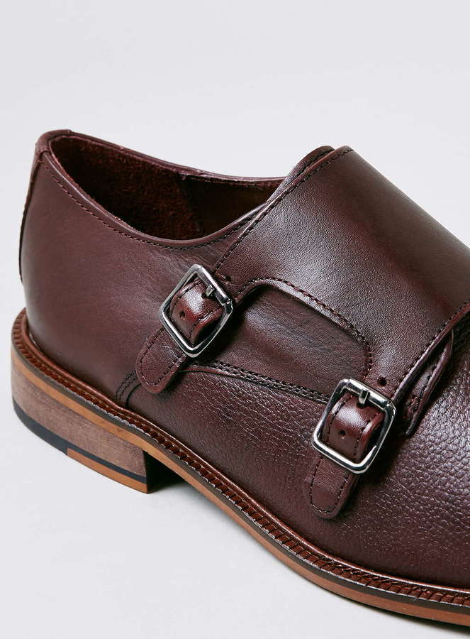 Topman Burgundy Leather Monk Shoes 