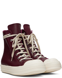 Rick Owens Burgundy Leather High Sneakers