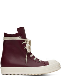 Rick Owens Burgundy Leather High Sneakers