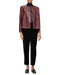 Lafayette 148 New York Tansy Cropped Laser Cut Leather Swing Jacket Cabernet