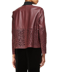 Lafayette 148 New York Tansy Cropped Laser Cut Leather Swing Jacket Cabernet