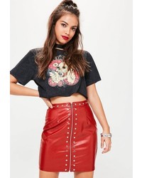 Missguided Red Zip Through Stud Faux Leather Mini Skirt