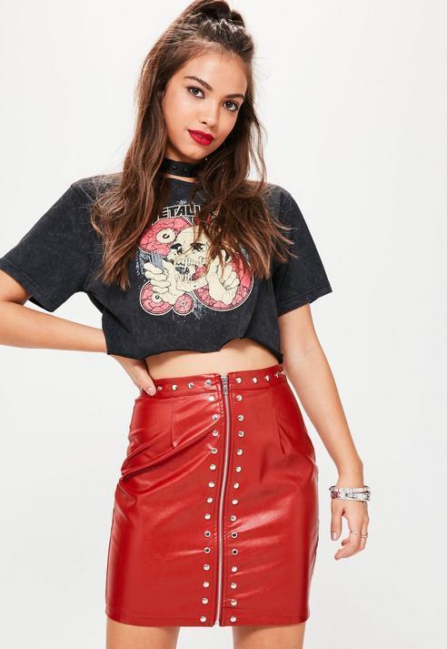 Missguided Red Zip Through Stud Faux Leather Mini Skirt