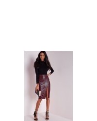 Missguided Faux Leather Split Midi Skirt Burgundy