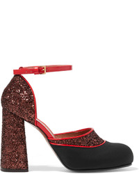 Marni Glittered Twill And Patent Leather Mary Jane Pumps