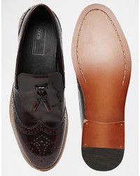Asos Brand Brogue Tassel Loafers In Burgundy Hi Shine Leather
