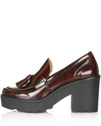 Topshop Burgundy Leather Tassel Front Loafers With Cleated Soles Heel Height 35 Approximately 100% Leather Specialist Clean Only