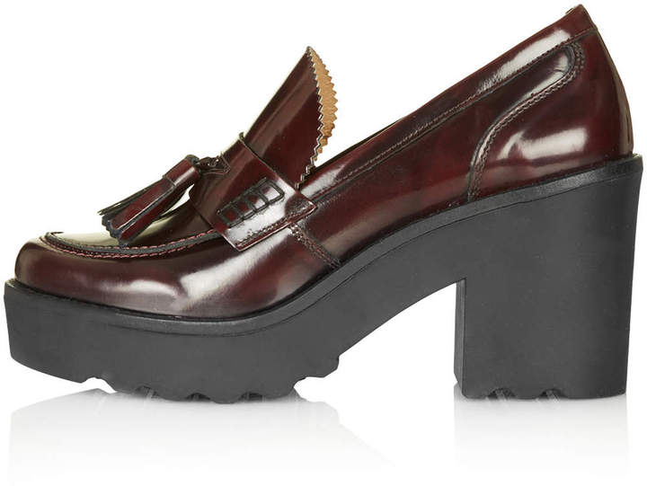 Topshop Burgundy Leather Tassel Front Loafers With Cleated Soles Heel ...