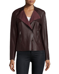 Neiman Marcus Asymmetric Cropped Leather Trench Jacket Raisin