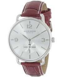 Akribos XXIV Ak658bur Essential Quartz Stainless Steel Burgundy Leather Strap Watch