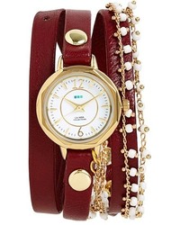 La Mer Collections Beaded Chain Leather Wrap Watch 19mm