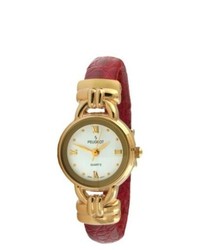 Viva Time Corp Peugeot Red Leather Cuff Watch Gold
