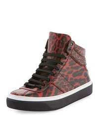Burgundy Leopard Leather High Top Sneakers