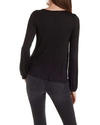 Lace Up Surplice Top With Bloused Sleeves