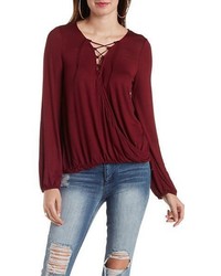 Lace Up Surplice Top With Bloused Sleeves