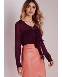 Missguided Open Front Tie Blouse Burgundy