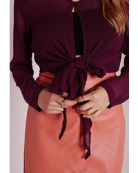 Missguided Open Front Tie Blouse Burgundy