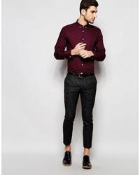Asos Brand Burgundy Shirt With Button Down Collar In Regular Fit With Long Sleeves