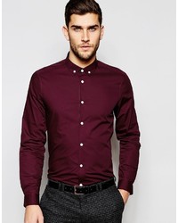 Asos Brand Burgundy Shirt With Button Down Collar In Regular Fit With Long Sleeves
