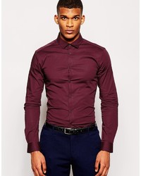 Asos Brand Skinny Fit Shirt In Burgundy With Long Sleeves