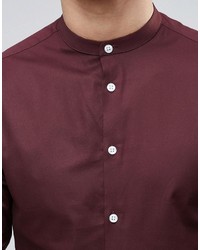 Asos Brand Skinny Shirt In Dark Plum With Grandad Collar And Long Sleeves
