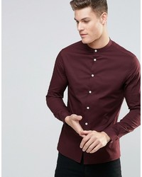 Asos Brand Skinny Shirt In Dark Plum With Grandad Collar And Long Sleeves
