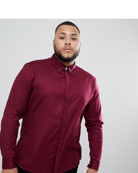ASOS DESIGN Plus Slim Twill Shirt With Collar Bar In Burgundy