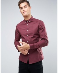 Asos Skinny Shirt In Burgundy With Button Down Collar