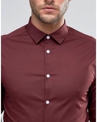 Asos Skinny Shirt In Burgundy With Long Sleeves