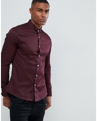 ASOS DESIGN Slim Sa Shirt In Burgundy With Wing Collar And Double Cuff