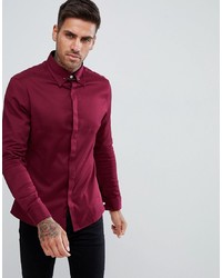 ASOS DESIGN Slim Twill Shirt With Collar Bar In Burgundy