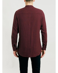 Topman Burgundy Twist Herringbone Stand Collar Long Sleeve Shirt