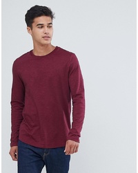 ASOS DESIGN Long Sleeve T Shirt In Twisted Jersey Textured Fabric With Curved Hem In Burgundy
