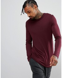 ASOS DESIGN Longline Long Sleeve T Shirt In Drape Viscose Fabric In Burgundy