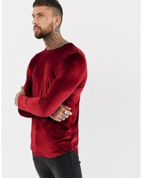 ASOS DESIGN Longline Long Sleeve T Shirt In Velour With Curved Hem In Oxblood