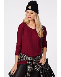 Missguided Simi Long Sleeve Ribbed Jersey Top Burgundy