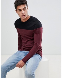 ASOS DESIGN Muscle Fit Long Sleeve T Shirt With Contrast Yoke In Burgundy