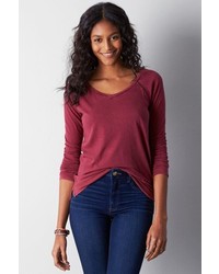 American Eagle Outfitters Summer Burgundy Long Sleeve Favorite V Neck T Shirt