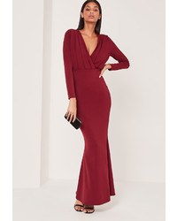 Missguided Pleat Plunge Long Sleeve Fishtail Maxi Dress Red
