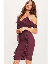 Missguided Burgundy Crepe Frill Cold Shoulder Midi Dress