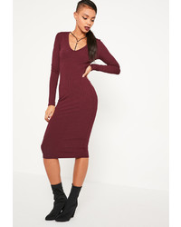 Missguided Burgundy Ribbed Harness Detail Midi Dress