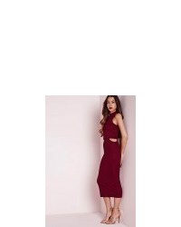 Missguided Ribbed High Neck Cut Out Midi Dress Burgundy