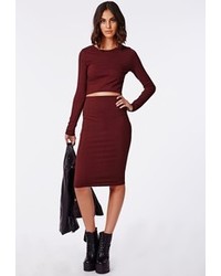 Missguided Pearl Ribbed Jersey Midi Skirt Oxblood