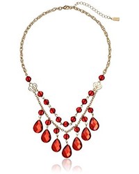 1928 Jewelry Gold Tone Siam Red Faceted Pear Shape Dangle Bib Adjustable Strand Necklace 16