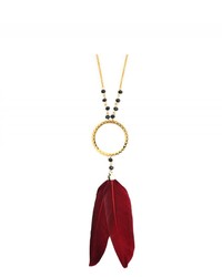 Oscar Bijoux Gold Plated Necklace With Burgundy Feathers